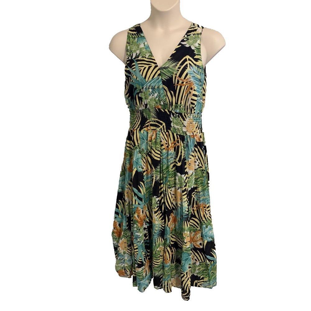 Jane Ashley Tropical Cotton Maxi Dress~ 1X~ Smocked Waist Fit & Flair Resort